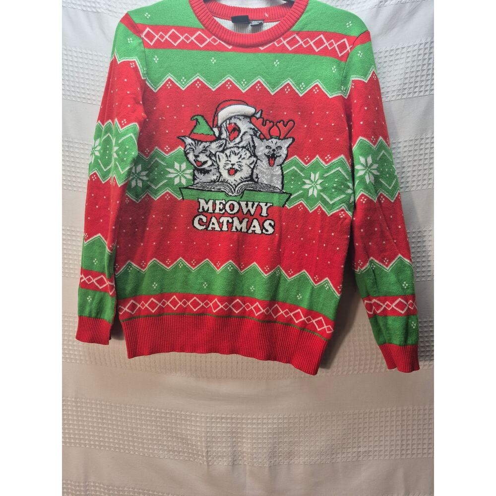 Mad Engine Ugly Sweater Women size Large Red Green Cat Christmas Knit Party 7281